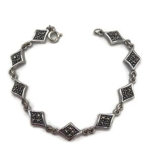 Sterling Silver 925 Diamond Shaped Marcasite Chain Link Bracelet - Small